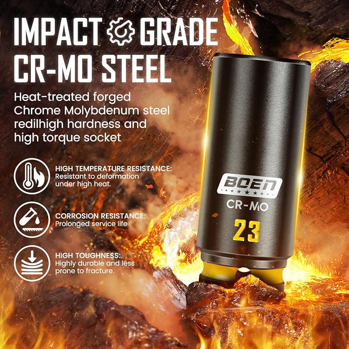 BOEN 40-Pieces 1/2" Drive Impact Socket Set, Metric (8-24mm) Deep & Shallow Socket, 6-Point Design, Yellow Embossed Marking, CR-MO Steel