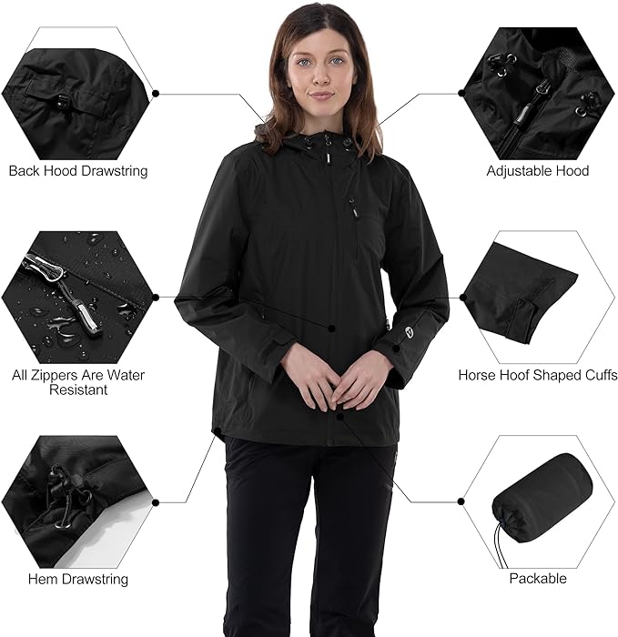 Outdoor Ventures Packable Rain Jacket Women Lightweight Waterproof Raincoat with Hood Cycling Bike Jacket