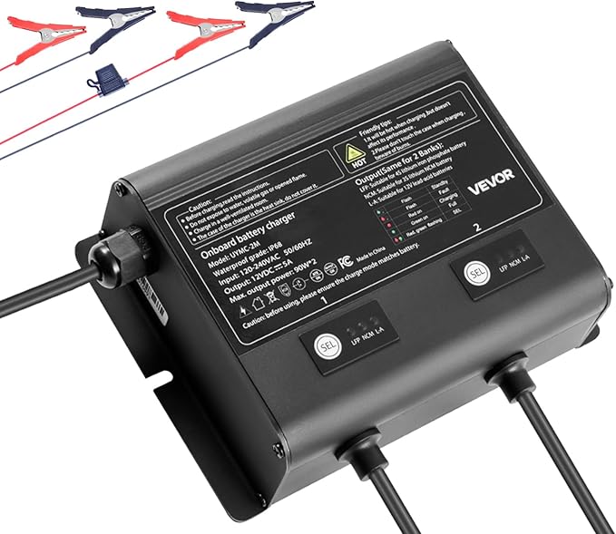 VEVOR 2 Bank Marine Battery Charger, 5A × 2, 12V Onboard Charger, IP68 Waterproof Smart Boat Battery Charger, for Lithium-Ion LiFePO4, NCM, Lead-Acid Batteries, Large Boat, Yacht, RV, Trailer