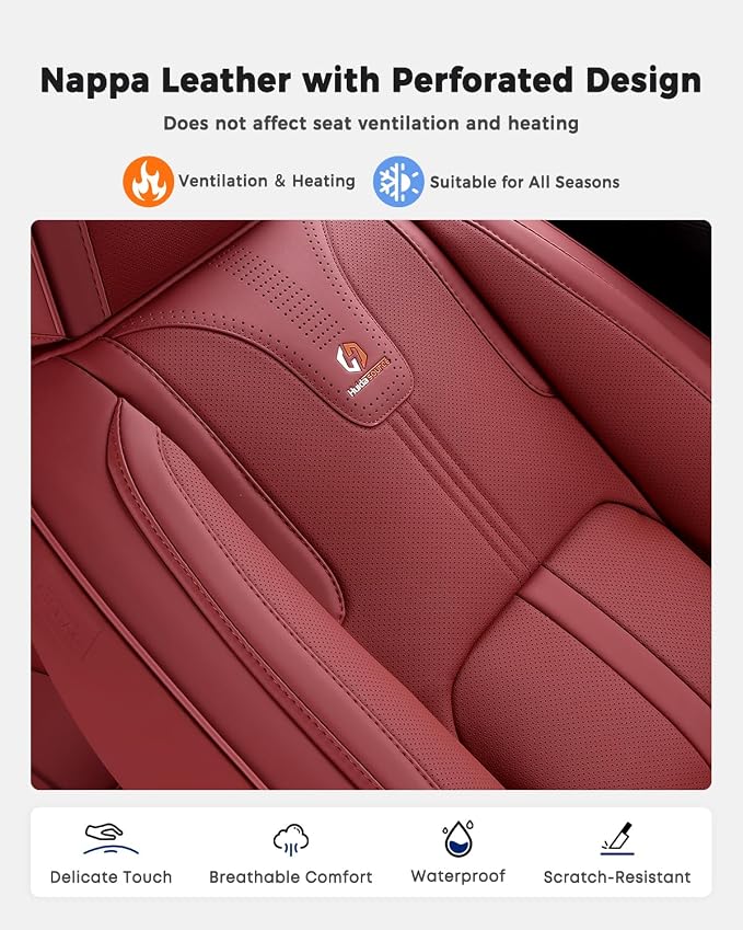 Huidasource Red Seat Covers Luxury Nappa Leather, Car Seat Covers with Velcro Adjustable, Airbag, Lumbar Support, Cooling ＆ Heating, Automotive Seat Covers Universal Fit for Most Cars SUV Trucks, Red