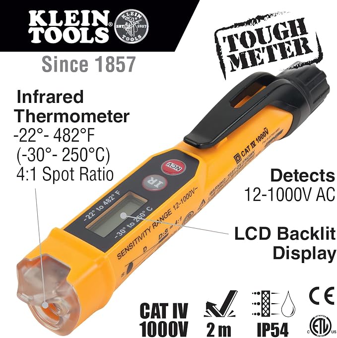 Klein Tools NCVT-4IR Non-Contact Volt Tester, 12-1000V AC Pen with IR Thermometer -22 to 482 deg F & Klein Tools ET310 AC Circuit Breaker Finder, Electric Tester with Integrated GFCI Outlet Tester
