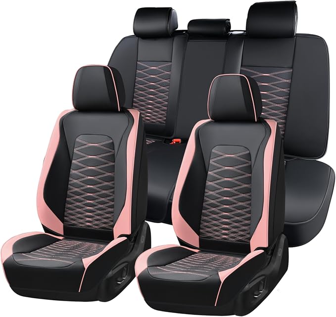 FLORICH Leather Seat Covers, Car Seat Covers Full Set, Car Seat Protector Waterproof, Front and Rear Seat Covers for Cars, Automotive Seat Covers Universal Fit for Most Cars Truck SUV - Pink&Black