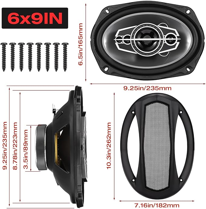 6 x 9 5-Way Car Coaxial Audio Speakers (Pair), 1000W Peak 4 Ohm Vehicle Coaxial Speaker W/PEI Dome Tweeters, Universal Car Stereo Speaker, Coaxial Tweeter Speaker Replacement