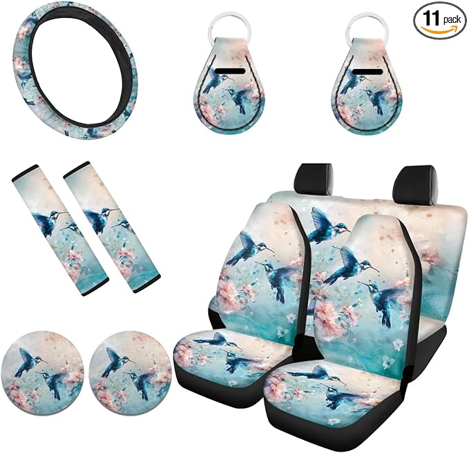 Birds Floral 11 Pieces Car Seat Cover Full Set for Women Thick Car Front Seat Covers Universal Steering Wheel Cover Separate Rear Seat Cover Belt Pads Keychain