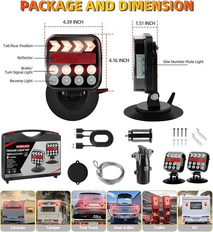 Wireless Trailer Lights, Magnetic Trailer Lights Kit with 4-Pin/7-Pin Transmitter, Rechargeable IP67 Portable Tail Lamps for Truck Boat RV Camper