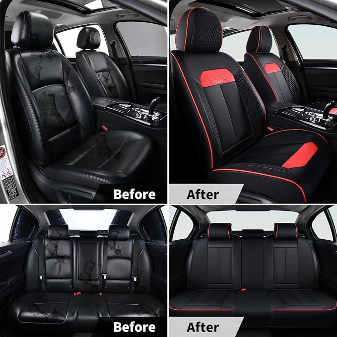 FLORICH Car Seat Covers Front Set, Breathable Premium Leather Seat Covers, Automotive Vehicle Seat Covers for Cars Trucks Vans SUVs Sedans (Dark red line)