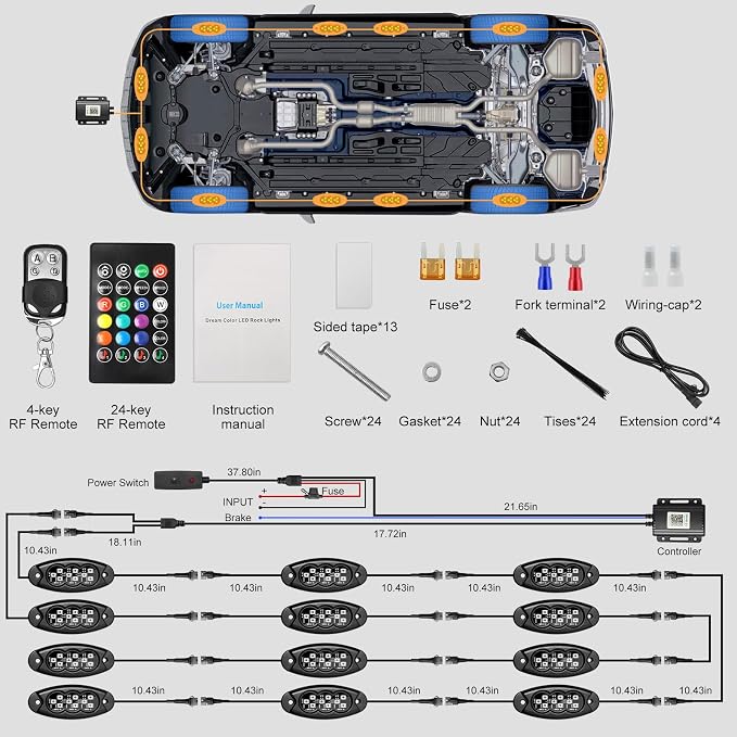 12 Pods LED Multi Chasing Color Rock Lights, APP/RF Control Waterproof Underglow Music Mode Off Road Exterior Kit with Brake Turn Signal for Trucks Jeep ATV UTV RV Boats