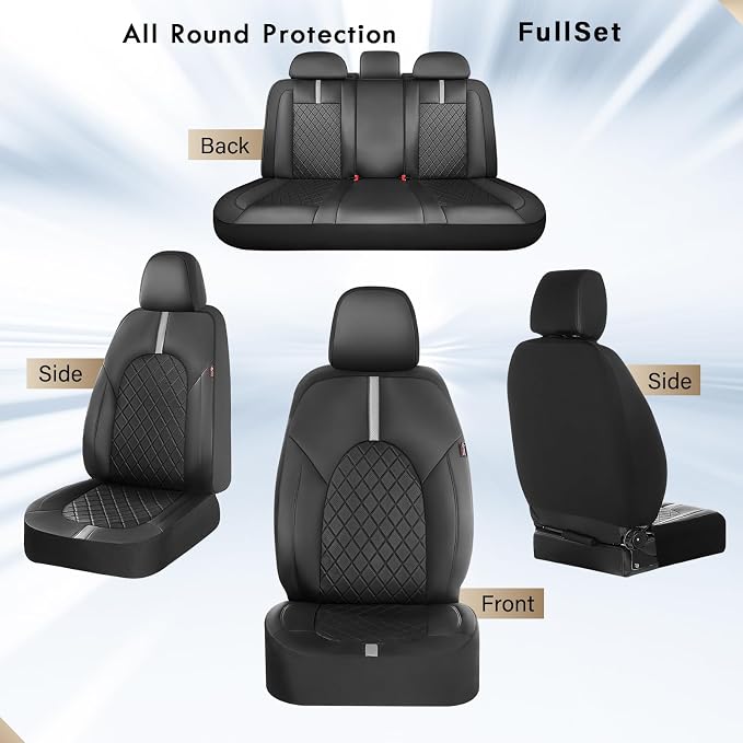 Coverado Car Seat Covers Full Set, Front Seats Back Seat Cover, Leather Seat Covers Non-Slip Seat Protectors Universal Fit for Most Cars (Black-White)