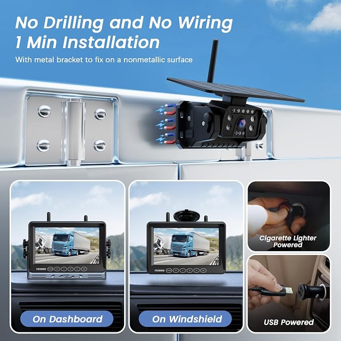 Magnetic Solar Wireless Backup Camera for RV Truck Trailer – 7" 1080P Monitor, 1-Min Install, No Delay, 150° Rearview Camera, IR Night Vision, Auto-Sleep, Rechargeable Battery Reverse Camera