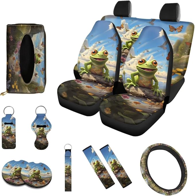Poceacles Frog Butterfly Car Seat Cover Full Set for Women Men, Car Steering Wheel Cover Seatbelt Strap Cover Auto Coasters + 2Pcs Keychains + Tissue Box, Set of 13