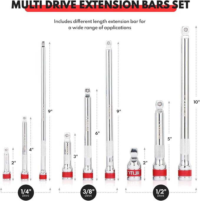BILITOOLS Socket Adapter Set 17 Piece includes Reducer, Universal Joint Socket Set, Drill Adapter 1/4" 3/8" 1/2"&Wobble Extension Set, 9 PCS Extension Set 1/4 3/8 1/2, Ratchet Extension Set