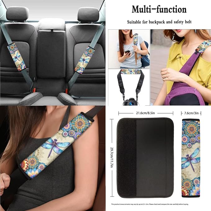 Boho Mandala and Dragonfly Pattern Car Accessories Car Seat Covers Full Set with Steering Wheel Covers+Seat Belt Pads+Coasters+Keychain+Lipstick Holder Universal Fit(13 Pack)
