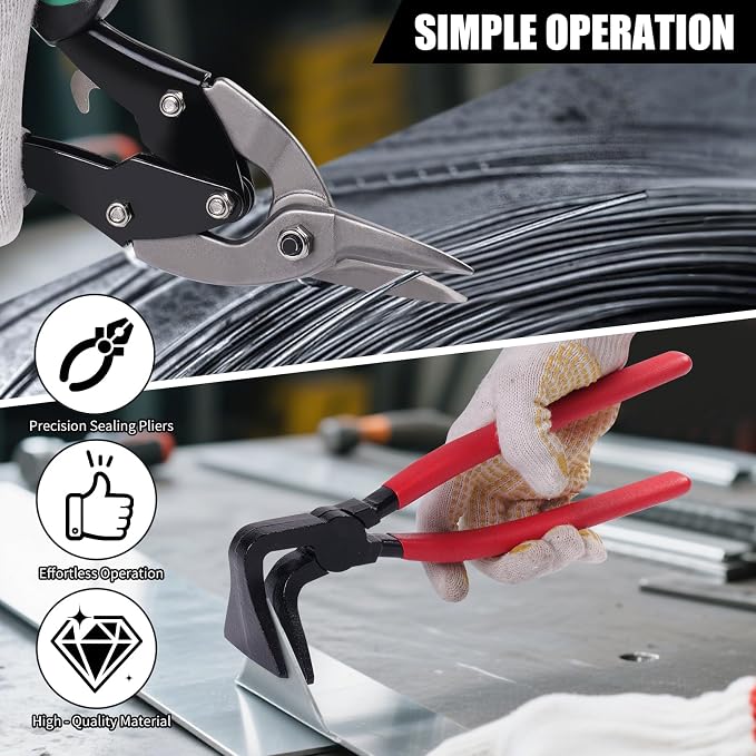 6-Piece Sheet Metal Tools Set – Aviation Tin Snips (Straight Left Right) & Hand Seamers (Straight, 45°, 90°), Metal Cutting Shears & Bending Pliers Kit for HVAC Ductwork Fabrication