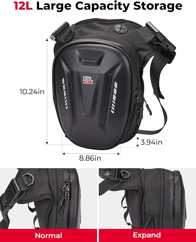 KEMIMOTO Motorcycle Magnetic Tank Bag, EVA Hard Shell Thigh and Drop Leg Bag, Motorcycle Waist Pack for Men and Women, Ideal for Cycling, Hiking and Running, 12L, Black