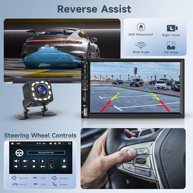 Double Din Car Stereo Radio with Wireless CarPlay Android Auto, 7 Inch HD Touch Screen Car Play Audio Receivers with Bluetooth, HD Backup Camera, FM, Mirror Link, USB/Type C/TF/AUX/SWC