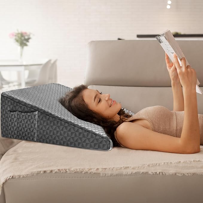 12" Wedge Pillow for Sleeping, Bed Wedge After Surgery, Back Pain Relief, Memory Foam Pillow Triangle Incline Wedge for Back Support, Leg Elevation (Dark Grey)