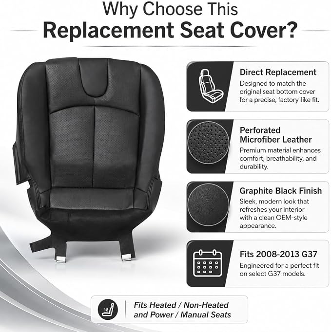 FZJDSD 2PCS Graphite Black Driver & Passenger Side Bottom Perforated Microfiber Leather Replacement Seat Covers Compatible with Infiniti G37 Sedan Coupe 2008-2013 Heated Seat Compatible