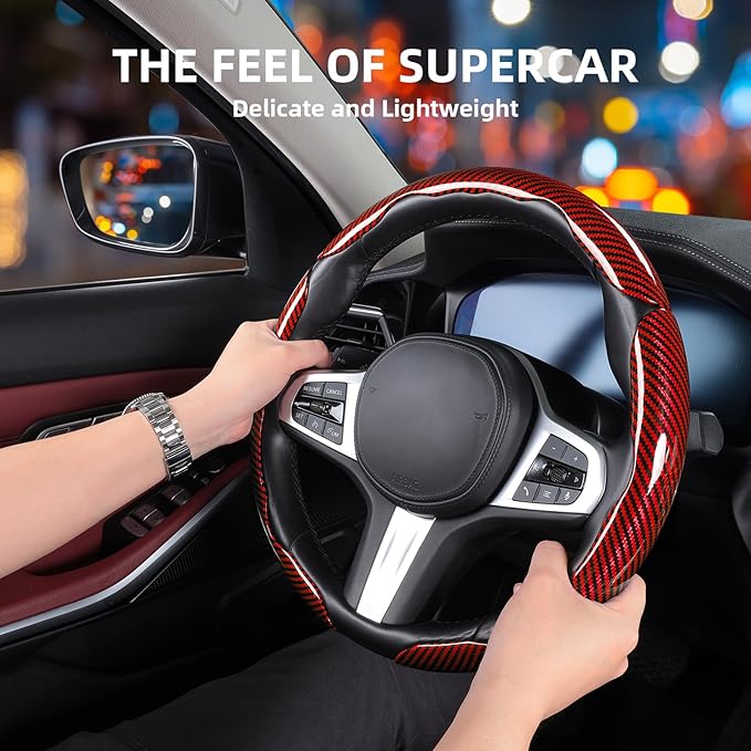 Carbon Fiber Steering Wheel Covers 3 Piece Clip on Steering Wheel Cover (Red)