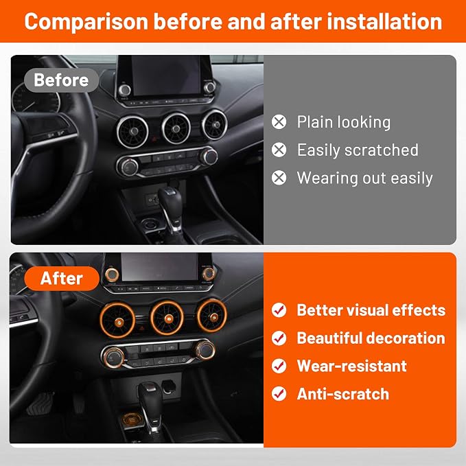Interior Decoration Accessories for Nissan Sentra (2020-2025) - 12-Pieces Aluminum Alloy Ring Knob Cover Trim, Fits Push Start, A/C, Air Vent, & Volume Tune, 12PCS Set, Orange
