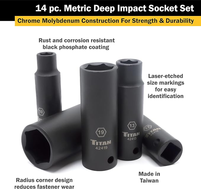 Titan 42404 14-Piece 1/2" Drive Metric Deep Impact Socket Set