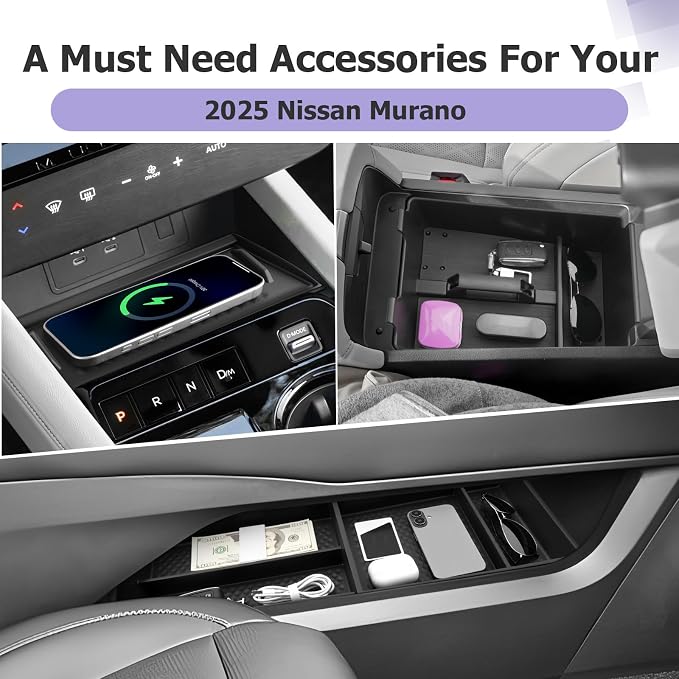 LUWU Center Console Organizer for 2025 2026 Nissan Murano SL/SV/Platinum Accessories Armrest Storage Box, Lower Console Organizers, Wireless Charging Protective Mat Murano 2026 Accessories 4-Pack