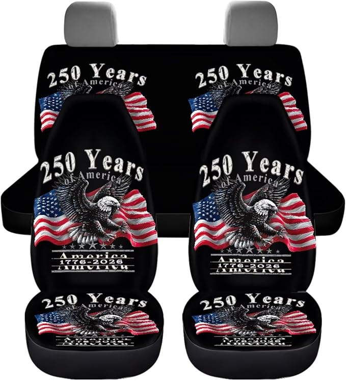 250 Years of America Eagle & Flag Car Seat Cover Set, Patriotic Auto Accessories, 11 Piece 4th of July Decorate, with Steering Wheel Cover and Seatbelt Pad Covers