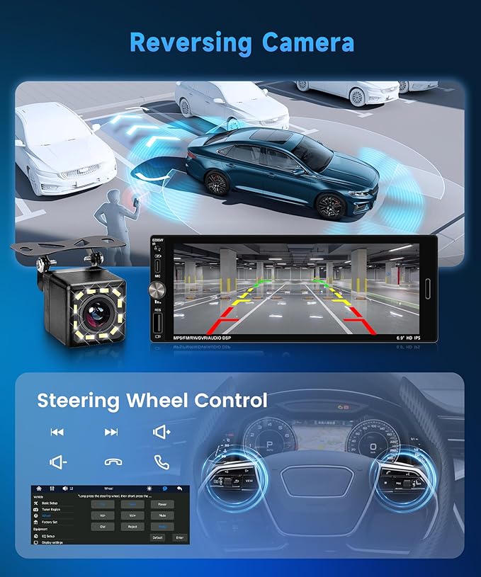 6.9 Inch Single Din Car Stereo with Wireless CarPlay/Android Auto/Mirror Link,1 Din IPS Touchscreen Car Radio Bluetooth Handsfree FM Type-C USB EQ Reverse Camera SWC
