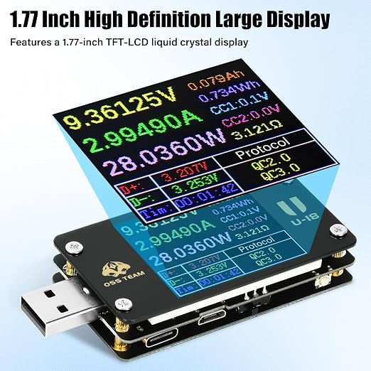 Diymore 2 in 1 Type C USB Tester USB Multimeter USB C Power Mester Tester USB-C Testers DC 4-24V 6A 1.77-inch Multi-Function Voltage and Current Meter QC/PD Protocol Trickle Charger Quick Charge