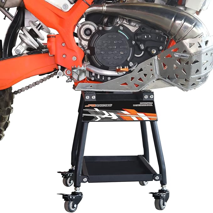 JFG RACING Dirt Bike Stand Detachable Dirt Bike Maintenance Stand Movable Pit Bike Stand with Wheels and Tool Tray