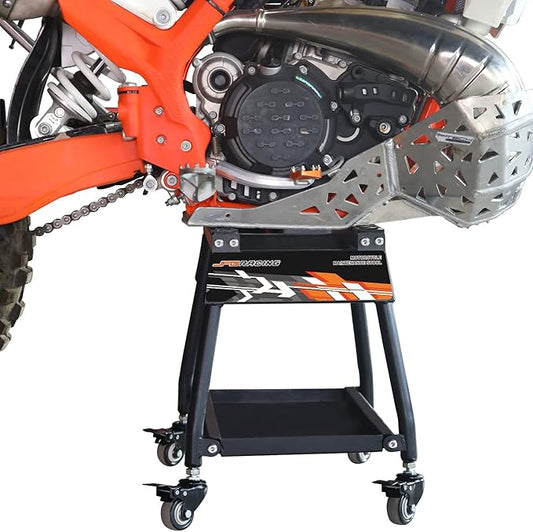 JFG RACING Dirt Bike Stand Detachable Dirt Bike Maintenance Stand Movable Pit Bike Stand with Wheels and Tool Tray