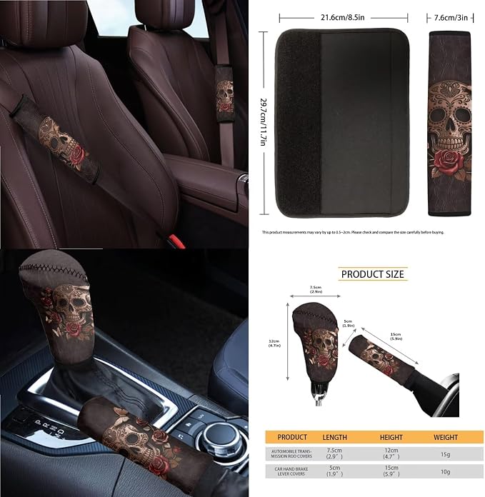 Skull Rose Print Automotive Seat Covers Full Set Includes Car Front and Rear Seat Covers Steering Wheel Cover Armrest Cushion Safety Belt Pads Cup Coasters, etc, Easy to Install