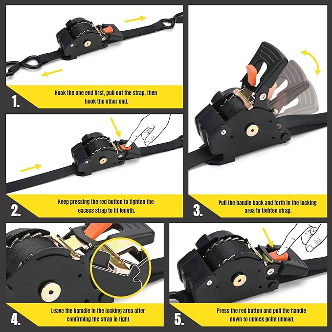 Stay There Retractable Ratchet Straps (2-Pack) - 1 Inch x 10 Feet (1800lb Break Strength) - Heavy Duty Auto Self Retracting Tie Down Straps for Truck, Cargo Trailer, Motorcycle & More - Black