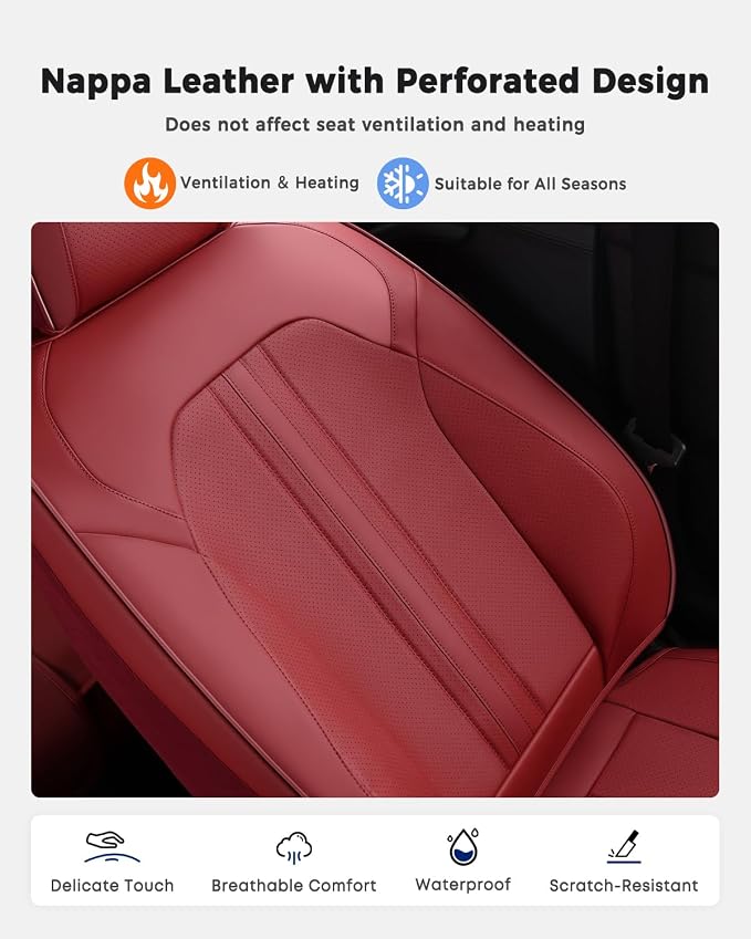Huidasource Red Front Seat Cover, Luxury Faux Leather Front Car Seat Cover, Compatible with Airbags, Seatbelt Buckles, Perforation, Cooling＆Heating, Universal Fit for Most Cars, Vans Trucks, SUVs, Red