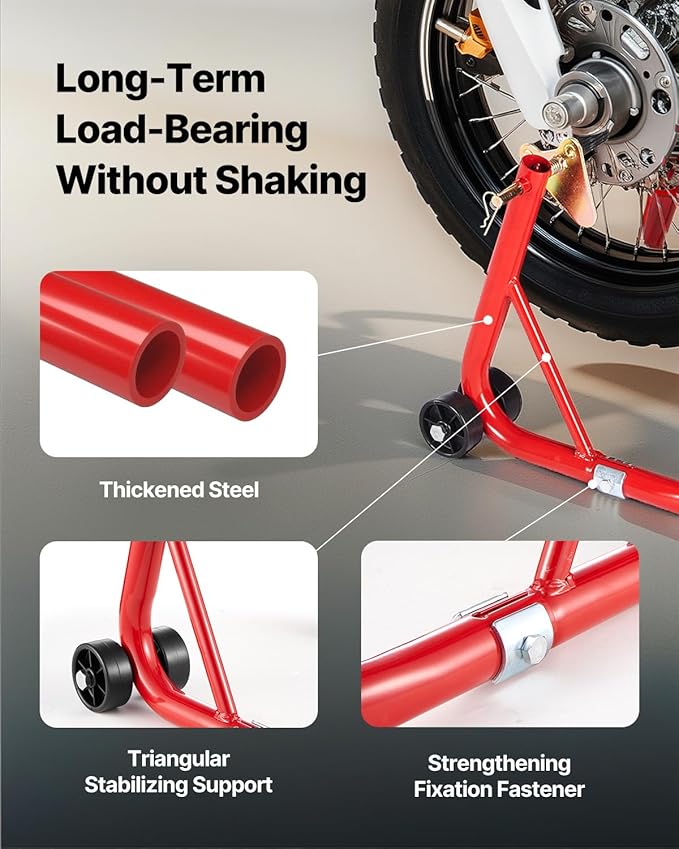 VEVOR Motorcycle Stand Lift, 850lbs Capacity Front Rear Combo Stand Lift, Front Wheel Dual-Fork Stand, Rear U+L Fork Swingarm Spool Stand, for Most Yamaha Honda Kawasaki Suzuki Motorcycles, Red