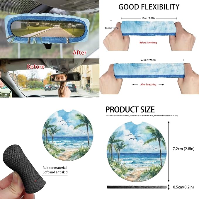 Tropical Palm Beach 15 PCS Car Seat Cover Set with Auto Steering Wheel Cover Seat Belt Strap Protector Cup Holder Trash Bag Rear View Mirror Protector Keychain