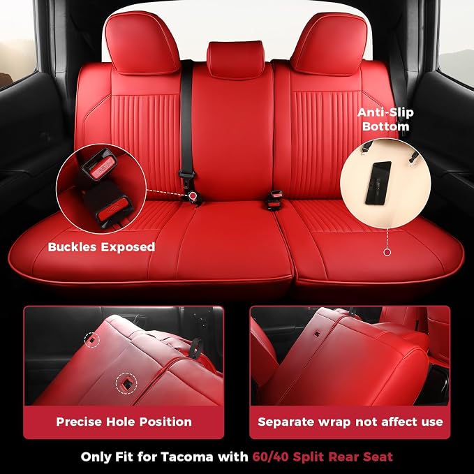 FREESOO Leather Car Seat Covers Fit for Toyota Tacoma 2016-2023 Full Coverage Seat Cover for Double/Crew Cab SR/SR5/Limited/TRD Pro/TRD Sport, Pickup Truck Seat Covers (5 Seats, Red)