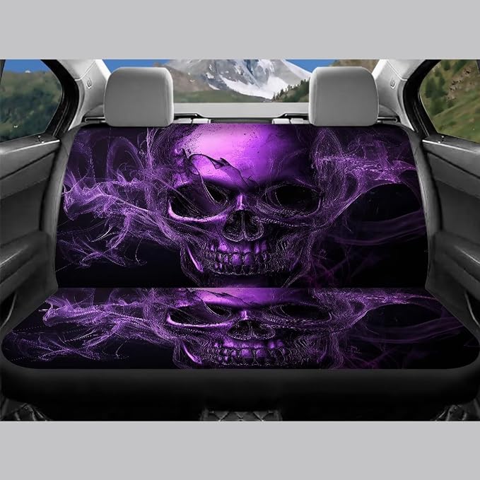 13pcs Purple Skull Car Accessories Full Set for Women Men Car Rear Front Seat Protectors with Armrest Cover, Seat Belt Cover, Steering Wheel Cover, Keychain and Coaster Fit Cars SUV Turcks