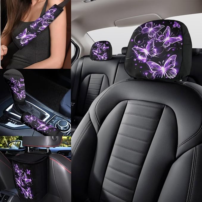 Purple Butterfly Car Seat Covers Full Set for Women Butterflies Car Accessories Set 17 Pieces with Purple Auto Head Rest Covers,Car Trash Can with Lid,Seat Belt Cushion,Universal Fit Most Car