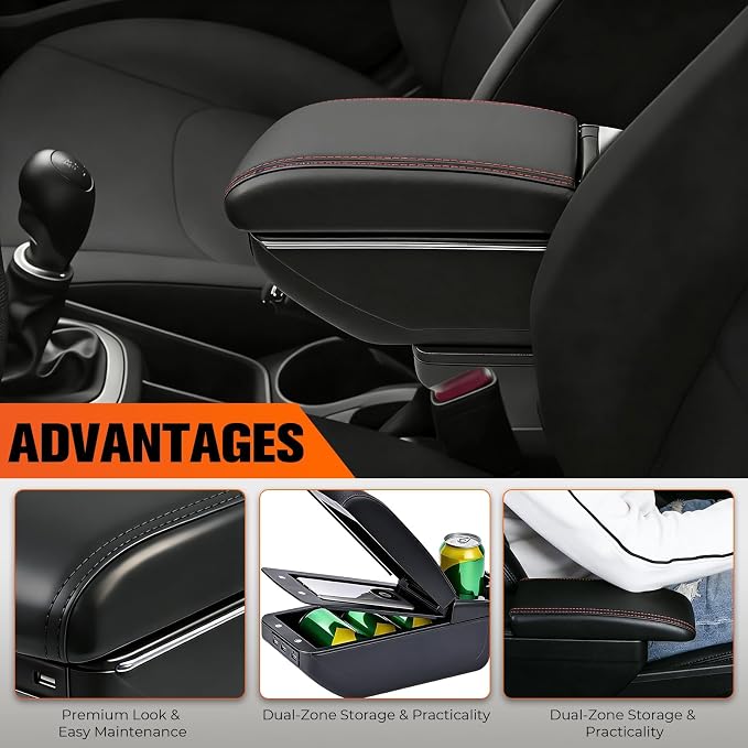 Armrest Box Compatible with Kia Rio 2012 2013 2014 2015 2016, Double Layer Black Leather Center Console Organizer with 7 USB Ports, Adjustable Armrest Pad, Cup Holder,Ashtray(Red Thread)