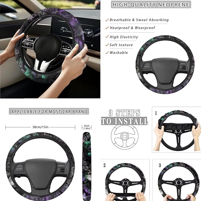 Goth Skull Car Seat Covers Full Set 15 Pcs Universal Car Accessories Steering Wheel Cover Seat Belt Pads Garbage Bag Car Headrest Pillow Covers Armrest Pad
