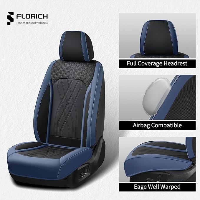 FLORICH Leather Front Car Seat Covers Waterproof Durable Front Seat Protector for Cars Luxury Breathable Vehicle Seat Cover Interior Decoration Universal Fit for Most Car Truck SUV, Blue&Black