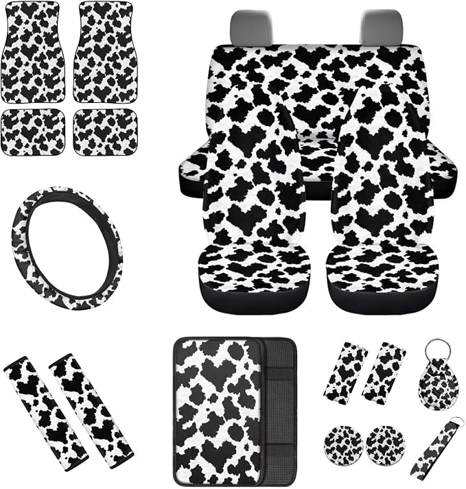 Cow Print Car Seat Covers, Auto Floor Mats, Car Steering Wheel Cover, Shoulder Pads, Armrest Pad, Roof Gloves, Cup Coaster, Keychain, Automotive Interior Accessories Set of 18