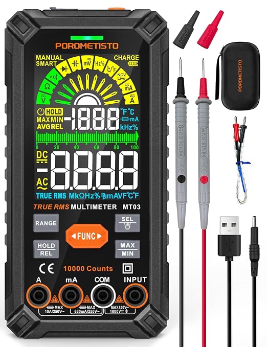 Smart Digital Multimeter Auto-Ranging,10000 Counts True-RMS | POROMETISTO Rechargeable Voltmeter Multimeter with NCV & Capacitance Check,Dual Fuse Electric Tester for HVAC & Automotive
