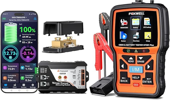 FOXWELL BT630 Bluetooth Battery Monitor with Shunt 10-120V 600A & FOXWELL NT301 Plus 2 in 1 OBD2 Scanner Battery Tester