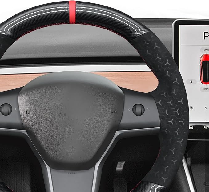 MEWANT DIY Geom Embossed Athsuede Shiny PU Carbon Fiber Steering Wheel Cover for Tesla Model Y 2023 Model 3 2017-2023