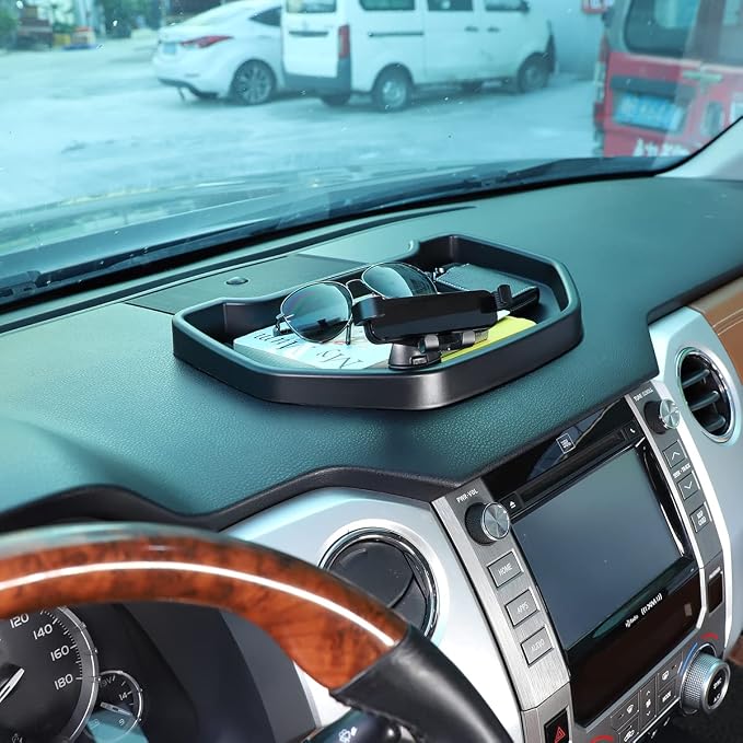 Fit for Toyota Tundra 2007-2021 Car Dash Center Console Table Storage Tray,Instrument Organizer ABS Black Materials Anti-Slip Backing Accessories (with B Style Mobile Phone Holder)