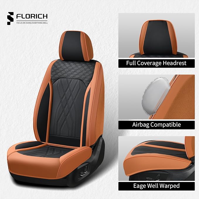 FLORICH Seat Cover Full Set Automotive Seat Cover 5 Seats Leather Waterproof Car Seat Cover Easy installation Non-slip Comfort Cushion Universal Fit for Most Car Truck SUV Seat Protection, Brown&Black