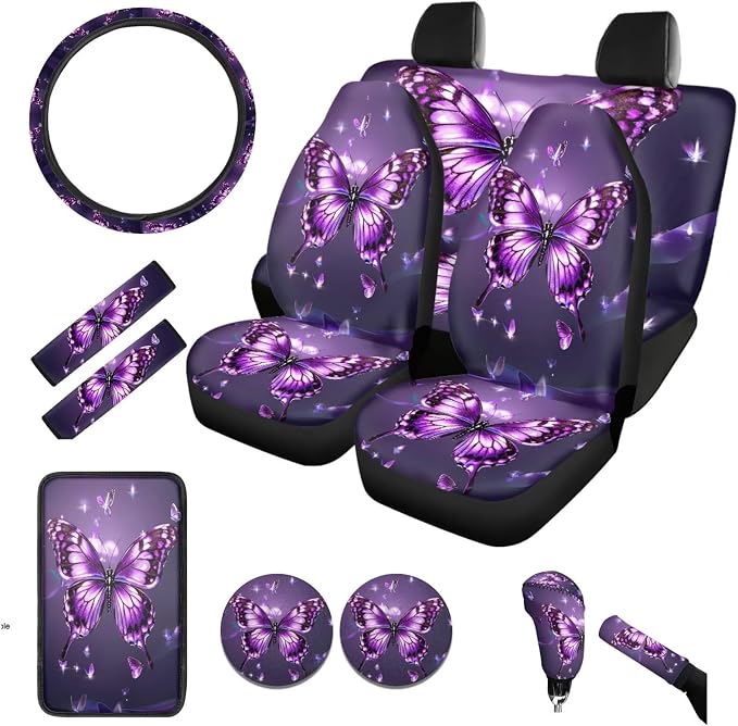 BIGCARJOB Butterfly Print Car Seat Cover Set of 12 Pieces Purple Butterfly Car Accessories Set with Seat Belt Cover,Armrest Pads,Cup Holder Coaster,Universal Steering Wheel Covers