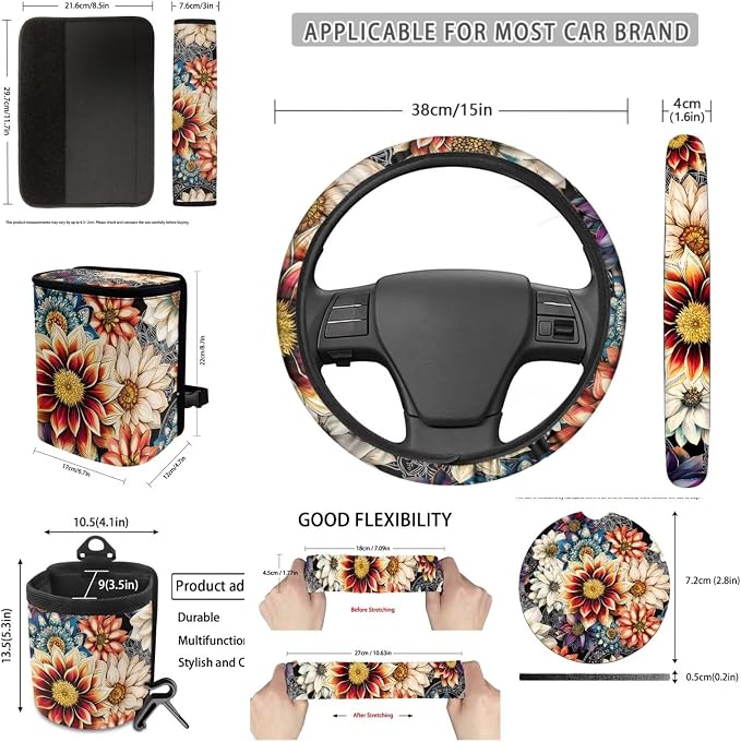 Dreaweet Mandala Lotus Car Seat Covers Full Set for Women Flower Car Accessories Interior with Steering Wheel Covers Seatbelt Covers Coaster Trash Can Air Vent Holder Rear View Mirror Cover Keychain