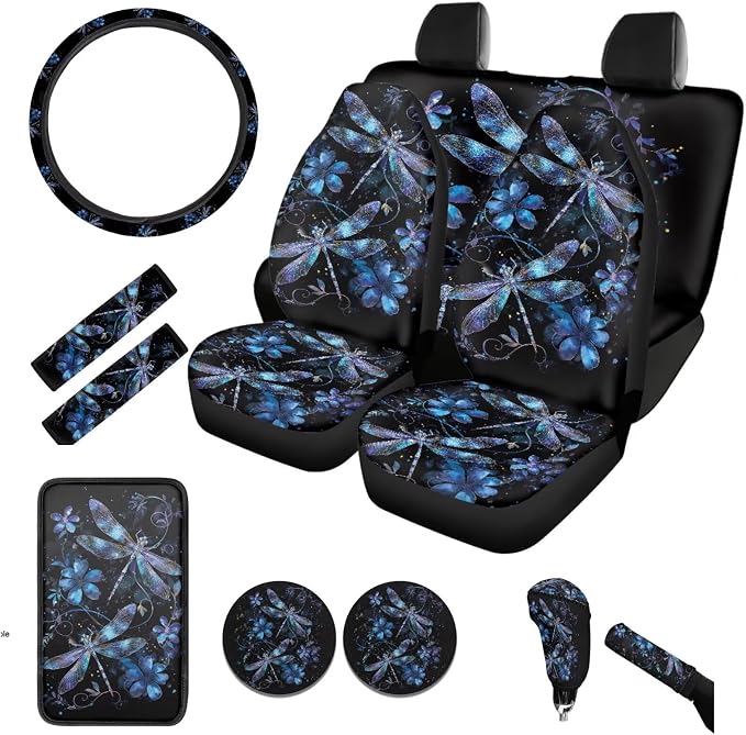 BIGCARJOB Purple Dragonfly Auto Front Rear Seat Cover Full Set 12 Pcs Dragonfly Print Car Interior Accessories Set Womens Cute Seat Protective Universal Steering Wheel Covers Armrest Pads